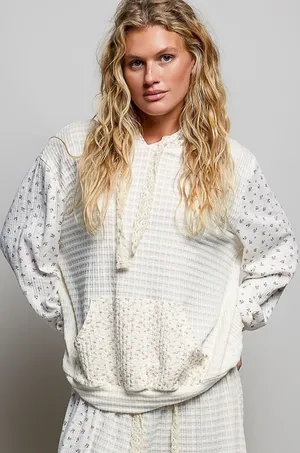 POL Mixed Knit Contrast Print Sleeve Hoodie with Kangaroo Pocket - Medium‎ thumbnail 1