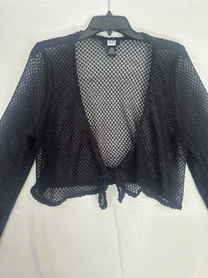 18/20 Black Open-Knit Tie-Front Cardigan cropped lightweight Fashion Bug y2k thumbnail 2