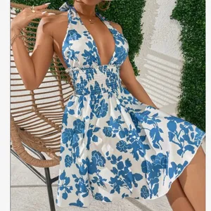 SheIn floral halter shirred waist A-line blue dress womens Size Large thumbnail 14