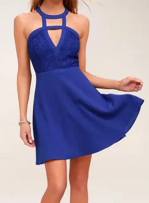 Lulus All My Daydreams blue skater dress‎ sleeveless Lace bodice sz S thumbnail 1