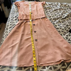 Monteau‎ Pink Crepe Chiffon Button Front V-Neck Flutter Cap Sleeve Midi Dress L thumbnail 11