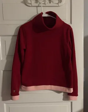 Women’s Red Fleece Turtleneck Fleece Pullover with Pink Trim thumbnail 1