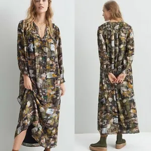 Anthropologie NWT Blair Maxi Dress Long Sleeve Smocked Gold‎ Metallic Detail S thumbnail 2