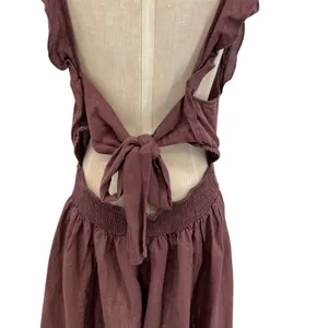 Free People Erin Ruffled Mini Dress Cut Out Back Linen Brown Size Large thumbnail 12