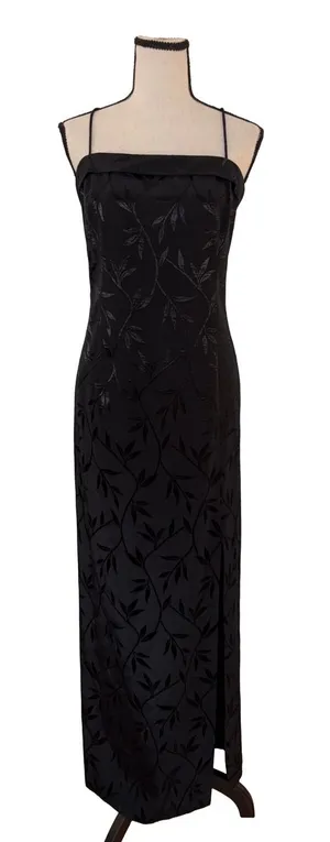 Vintage J.R. Nites by Caliendo Black Tonal Floral Jacquard Maxi Dress thumbnail 1