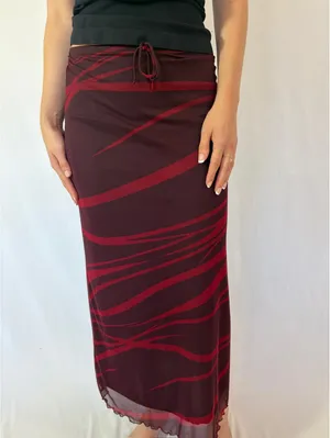 Dark Red Y2K Vintage Mesh Overlay Abstract Maxi Skirt thumbnail 2