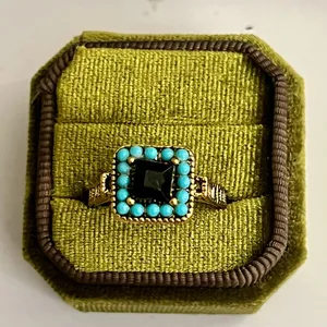 Boho Gold Ring Black Onyx Stone Turquoise Beaded Accent Size 9.5 thumbnail 1