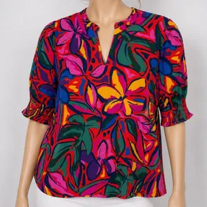 Sugarlips Womens Blouse Tropical Floral Ruffle Neck‎ Smocked Cuff Medium thumbnail 1