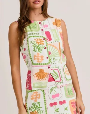 Le lis Sleeveless Printed Top in White with Pink & Green thumbnail 1