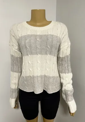 Aeropostale Womens Cable Knit Striped Sweater Cream Grey Crew Neck Pullover L thumbnail 1