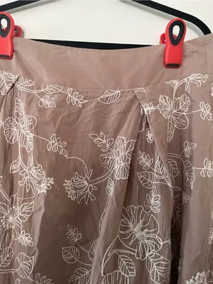 100% Cotton Brown White Floral Embroidered Midi Skirt Large Cottagecore Earthy thumbnail 2