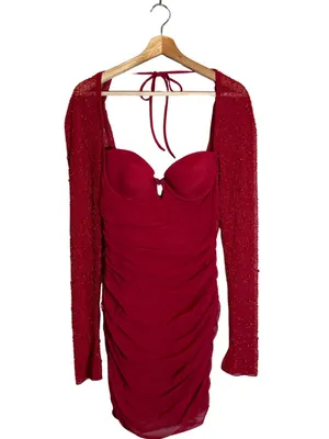 Oh Polly St. Germain Embellished Long Sleeve Mini Dress Women's 6 Red Pearls thumbnail 3