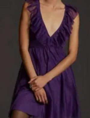 Anthropologie Maeve Ruffled Tulle Mini Dress deep Purple L thumbnail 1