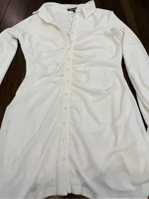NWT Babyboo Fashion Kyesha Mini Dress White Ivory Ruched Button Front Size M NEW thumbnail 5
