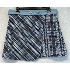 ZARA Mini Skirt Tweed Denim‎ Waist Women XL Blue White Plaid Wrap NWT thumbnail 2