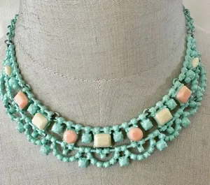Blue metal orange yellow bib necklace thumbnail 1