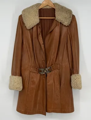 Vintage Leather Shearling Collar Penny Lane‎ Coat Brown Belted Distressed thumbnail 1