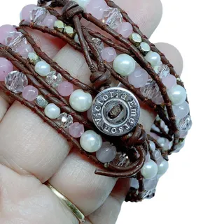 Victoria Emerson Brown Leather Wrap Bracelet With Pink Pearls thumbnail 3