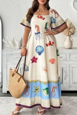 SHEIN Cream Maxi Dress with Blue Border and Multicolor Seashell Prints Size 2X thumbnail 1