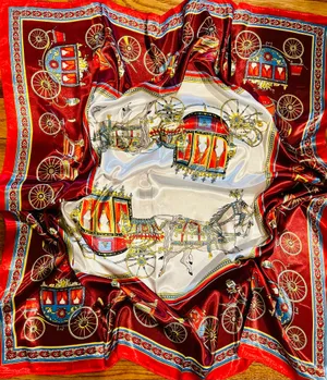 VINTAGE EQUESTRIAN horse&carriage BURGUNDY silky SCARF 35’/35’inches thumbnail 1