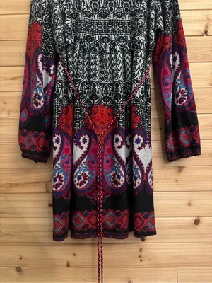 Angie Large Bohemian Long Sleeve Belted Notch Neckline Mini Dress Fall Biho thumbnail 6