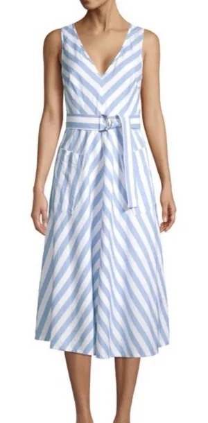 Kate‎ Spade Deck Blue White Stripe Linen Blend V Neck Midi Dress Size 6 Belted! thumbnail 1