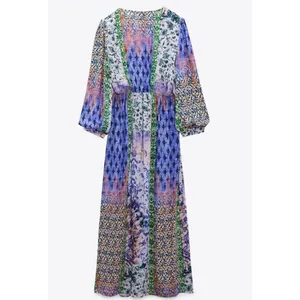 Zara Patchwork Print Maxi Dress‎ Multicolored V-Neck Boho Slit Size M thumbnail 6