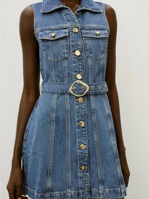 Zara Sleeveless Denim Button-Front Mini Dress in Blue with Belt thumbnail 4