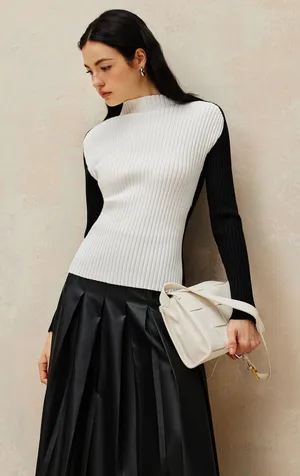 Commense Color Block White Black Casual Cozy Strech Ribbed Knit Top NWT L thumbnail 1