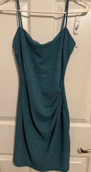 Windsor Teal Glitter Ruched Cowl-Neck Bodycon Mini Dress Size Medium thumbnail 1