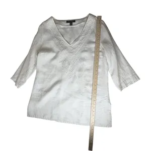 Tommy Bahama White Linen Embroidered V-Neck Tunic Top Medium Coastal Beachy thumbnail 11