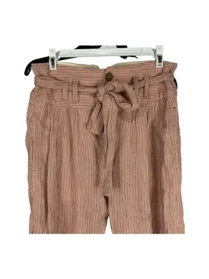 Anthropologie Maeve Paperbag Waist Pants Womens 2 Pink Striped Belted Cotton thumbnail 2