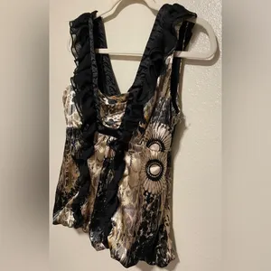 Grass Collection Ruffle Front Satin Tank | Black Cream Floral Blouse | Size M thumbnail 4