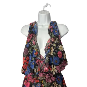 Slate & Willow Floral Ruffle Mini Dress XS Black Open Back Cottagecore‎ NEW thumbnail 3