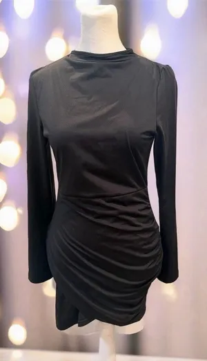 Amazon Womens Black Ruched Bodycon Mini Dress Long Sleeve Mock Neck Size S thumbnail 1
