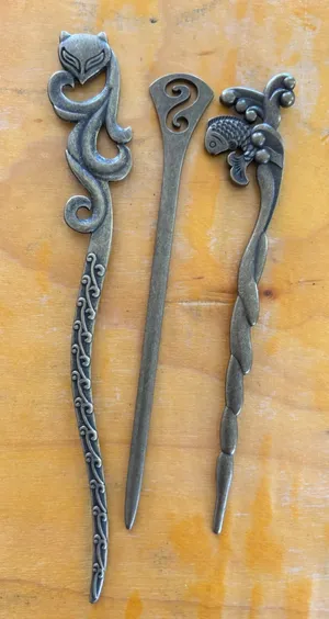 Vintage-Style Set 3 Fancy Brass Metal Hair Sticks, Fox Fish & S Design 5-6.25” thumbnail 1