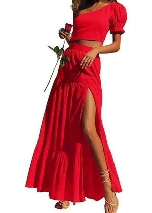 NEW High Waist Flowy Maxi Skirt High Slit Pockets M thumbnail 1