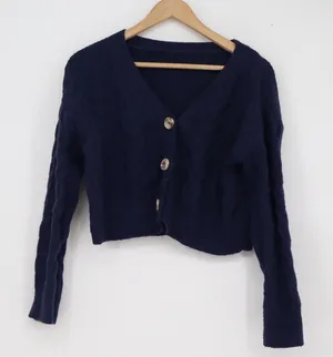 SHEIN Navy Blue Cable Knit Cropped Cardigan V-Neck Button Front Sweater Size M thumbnail 1