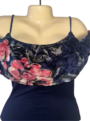 Francesca's Navy Velvet Floral Bodysuit with Pink Bloom Detail thumbnail 3