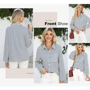 Astylish Women's Oversized Striped Button Down Shirt Navy/ White Small thumbnail 6