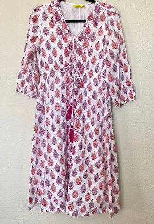 Roller Rabbit Cotton‎ midi Dress in Floral Block Print tassels red white size S thumbnail 1