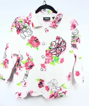 Floral sequin Button-Up Jacket White Pink & Green Flowers pockets L Stained thumbnail 1