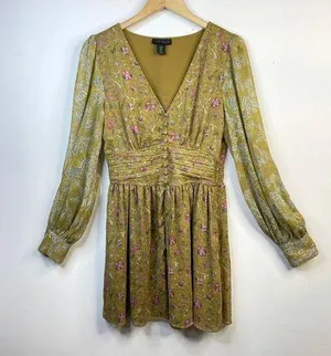 House of Harlow 1960 Mustard Floral Smocked Long Sleeve Flowy Smocked dress M thumbnail 1