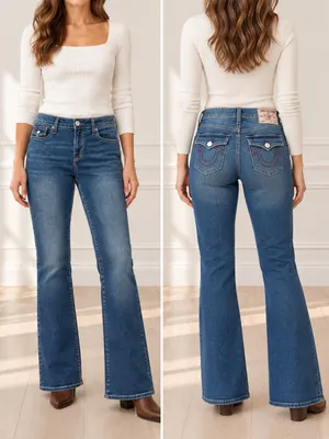 True Religion Becca Jeans Sz 31 Mid Rise Bootcut Flap Pocket Dark Wash Stretch thumbnail 14