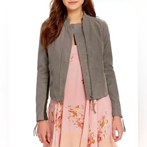 FREE PEOPLE Cool & Clean Faux-Leather Jacket Ribbed Knit Insets Zip Cuffs Size thumbnail 3