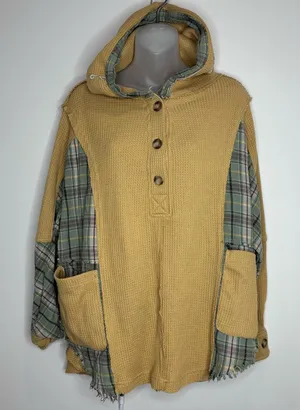 BKE Pullover Oversized Hoodie plaid patchwork style boho size small thumbnail 1