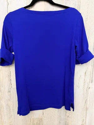 Lauren Ralph Lauren Women’s M Cobalt Blue Gold Zip Boat Neck Cuff Sleeve Top thumbnail 3