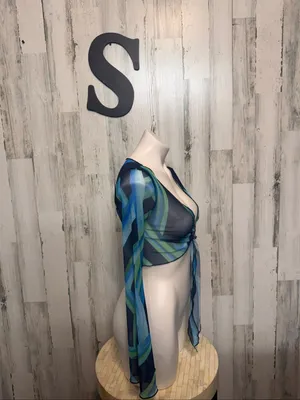 SheIn Abstract Print Mesh O-Ring Tie Front Crop Top Womens Small Blue Green Long Sleev thumbnail 3