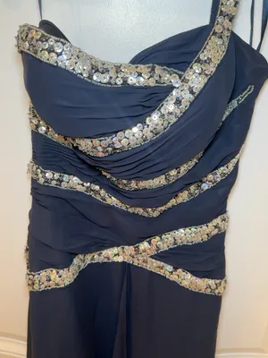 Navy Blue One Shoulder Sequin Beaded Formal Maxi Dress Evening Gown thumbnail 3