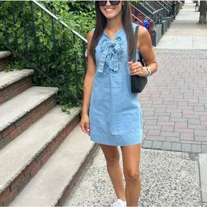 English Factory Denim Lace Up Mini Dress SMALL Shift Light Wash Western $110 thumbnail 6